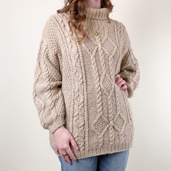 Vintage Mohair Wool Cable Knit Oversized Sweater Chunky Slouchy Preppy Fisherman - Picture 3 of 8